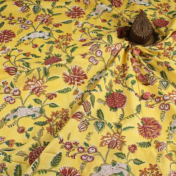 Sanganeri Floral Jaal Yellow Hand Block Printed Cotton Fabric