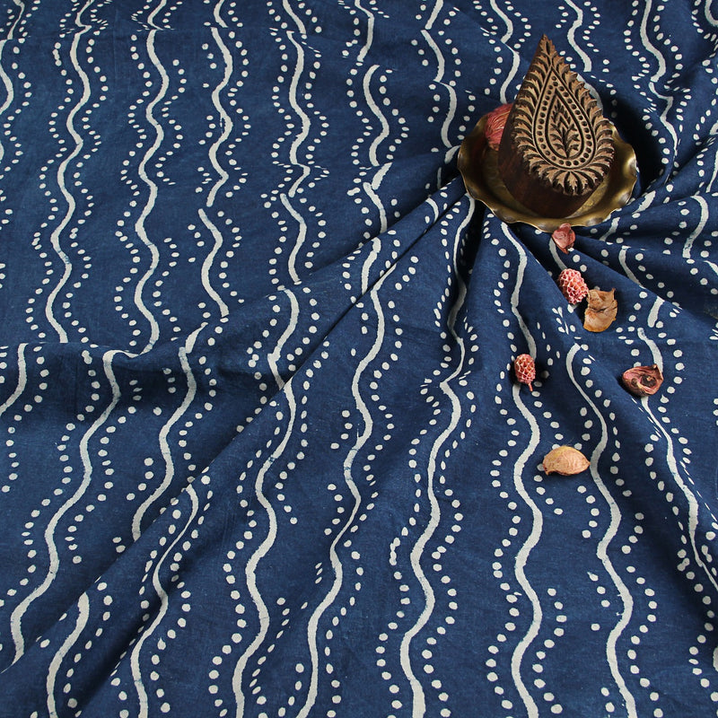 Indigo Dabu Dotted Wave Hand Block Printed Cotton Fabric