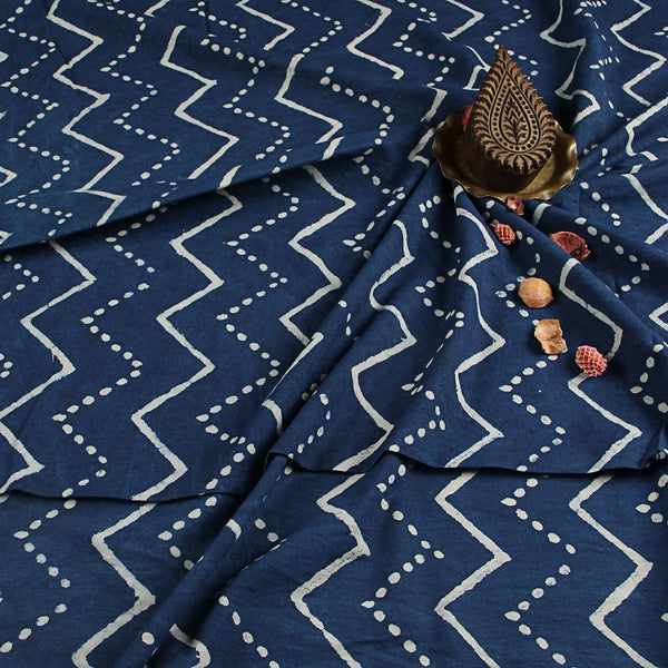 Indigo Dabu Dotted and ZigZag Hand Block Printed Cotton Fabric