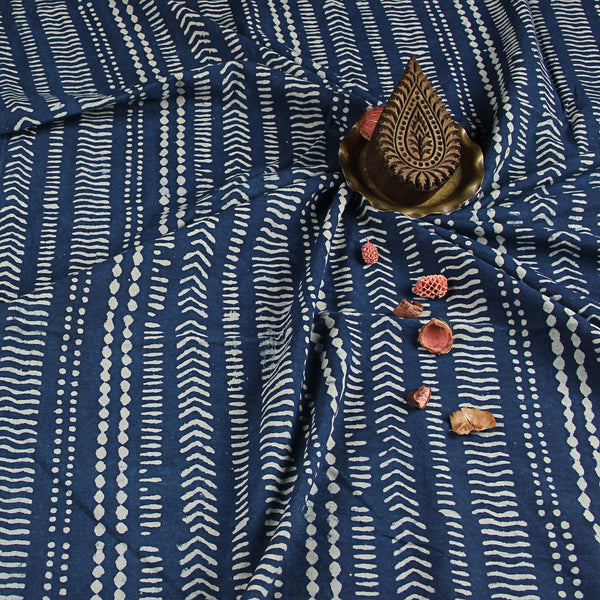 Indigo Dabu Dots and Lines Hand Block Printed Cotton Fabric