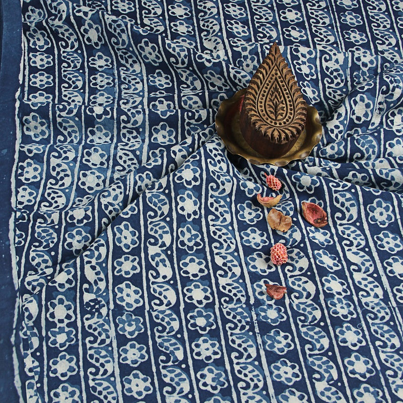 Dabu Indigo Leafy Border Hand Block Printed Cotton Fabric