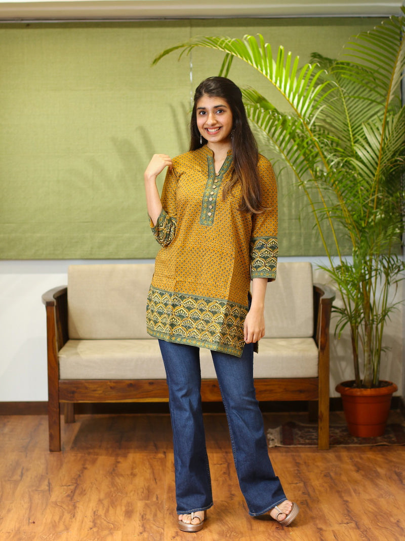 Mustard Ajrakh Patchwork Short Cotton Kurta