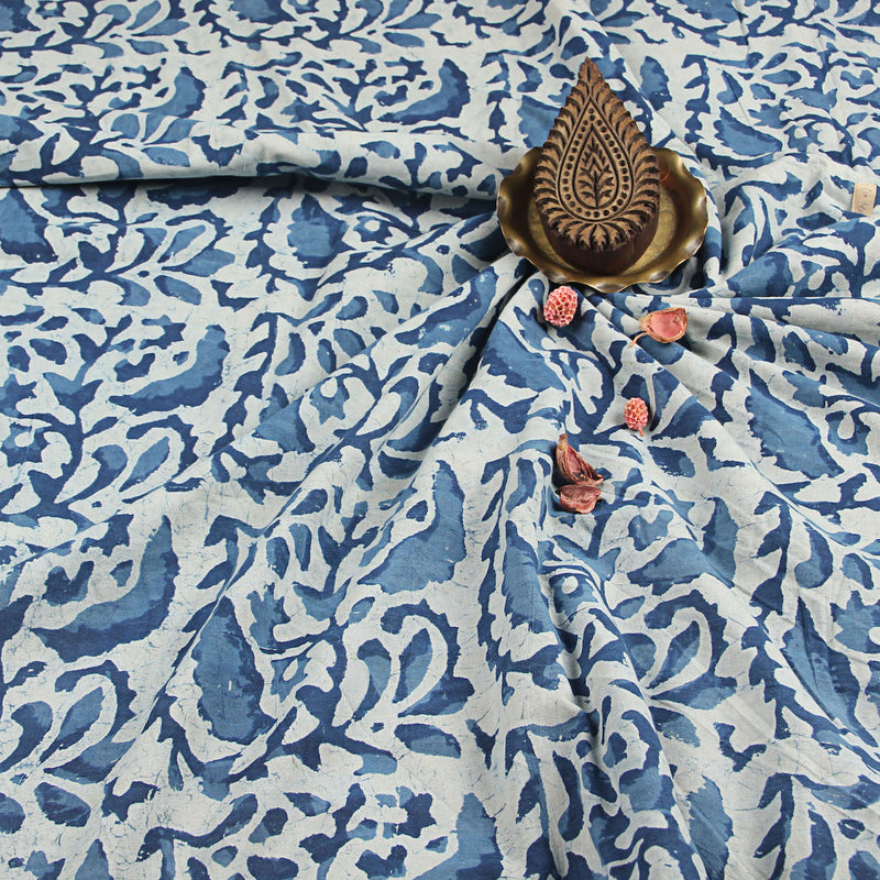 Dabu Indigo Floral Hand Block Printed Cotton Fabric