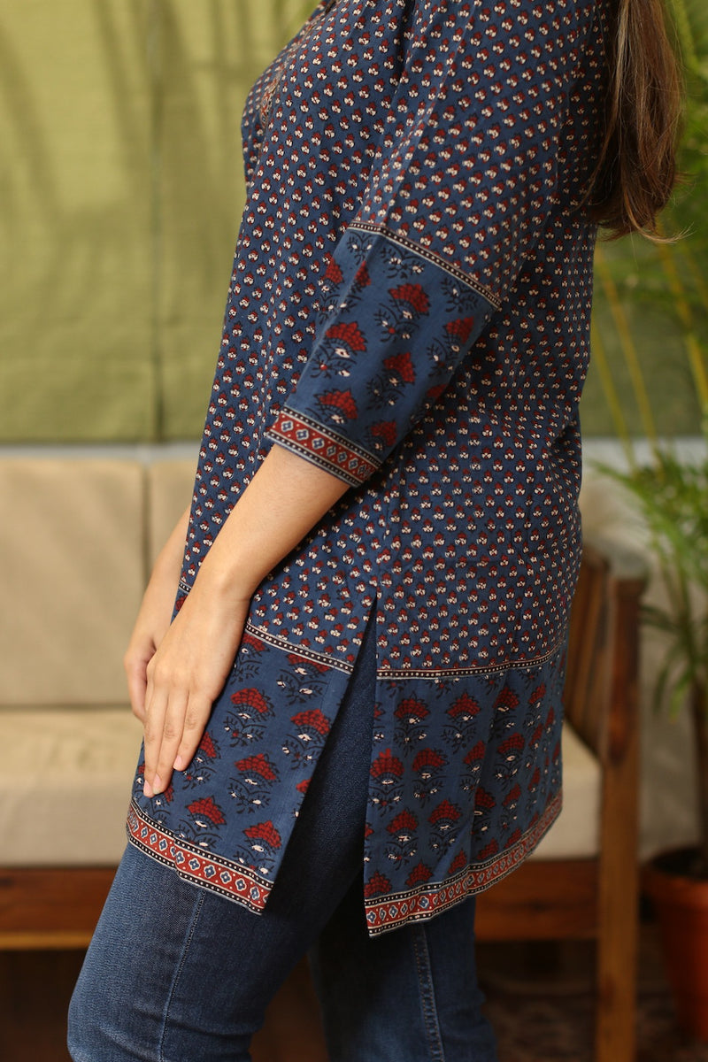 Indigo Ajrakh Patchwork Short Cotton Kurta