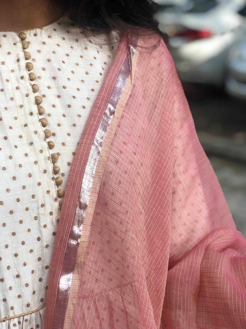 Peach Kota Silk Silver Zari Dupatta