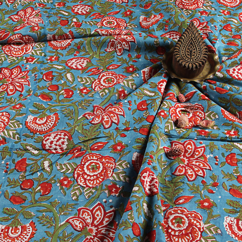 Sanganeri Sea Blue Floral Jaal Hand Block Printed Cotton Fabric