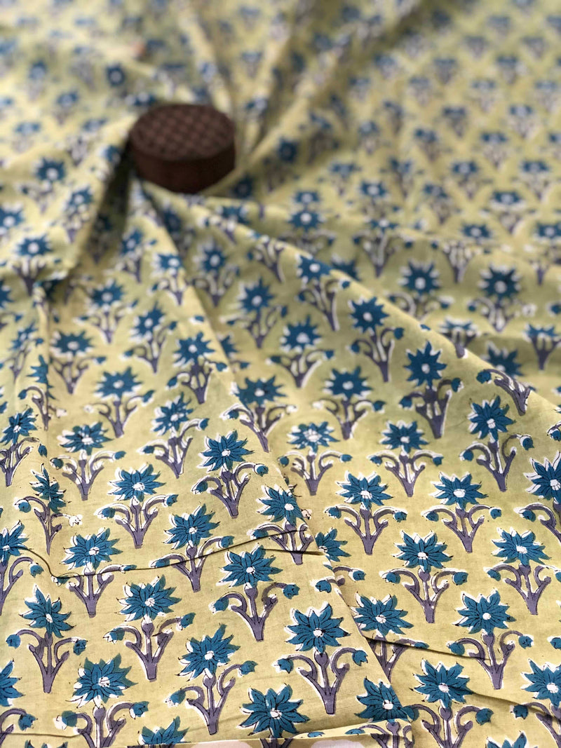 Yellow  Small Butti Sanganeri  Blouse Fabric (1m )