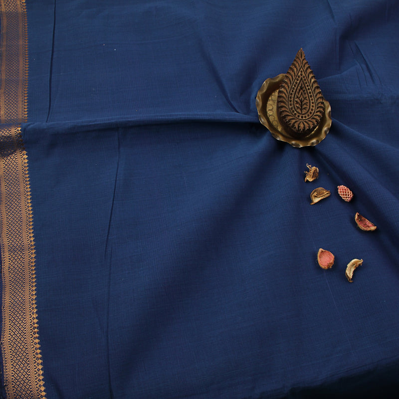 Mangalgiri Blue Plain Natural Dyed Nizam Border Cotton Fabric