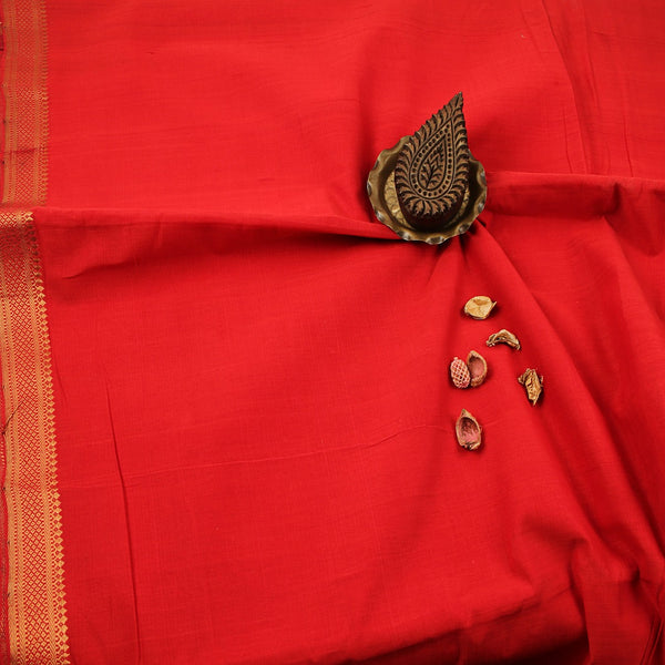 Mangalgiri Ruby Red Plain Natural Dyed Nizam Border Cotton Fabric