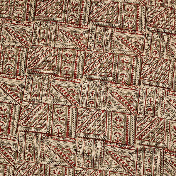 White Grey Geometric Pattern Kalamkari Hand Block Printed Cotton Fabric