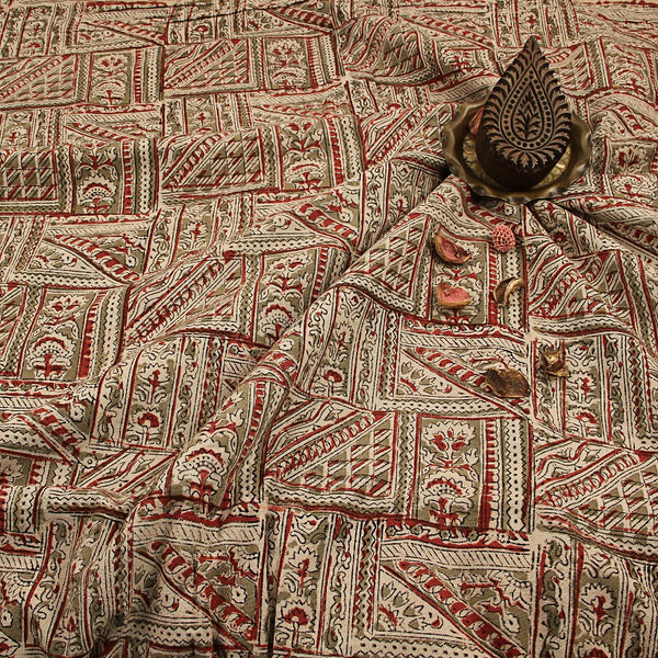 White Grey Geometric Pattern Kalamkari Hand Block Printed Cotton Fabric