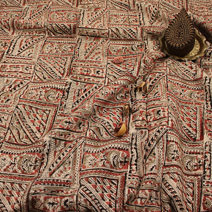 Tribal Geometric Pattern Kalamkari Hand Block Printed Rayon Fabric