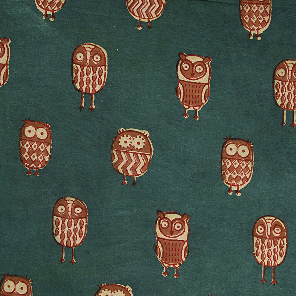 Green Owl Hand Block Printed Natural Dyed Fabric