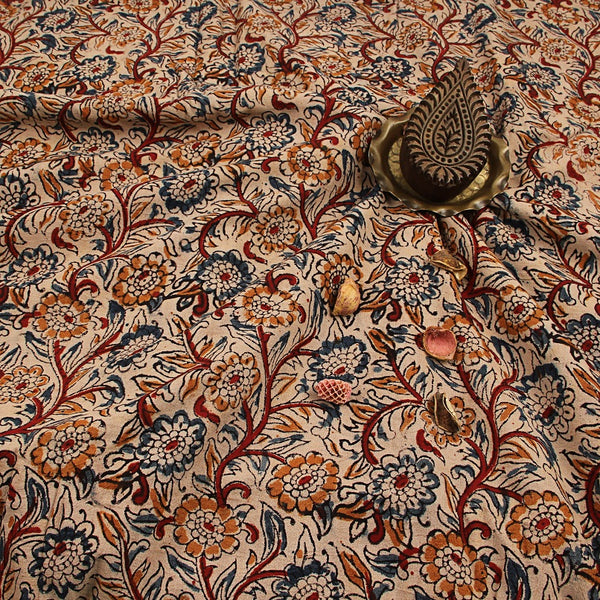 Indigo Floral Jaal Kalamkari Hand Block Printed Cotton Fabric