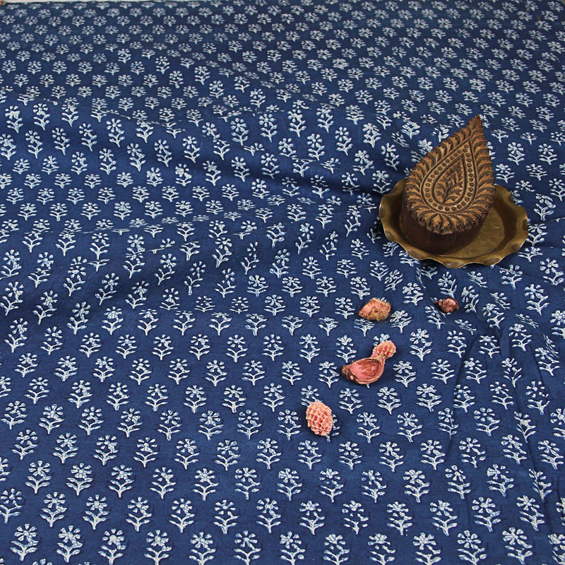Dabu Indigo Small Floral Hand Block Printed Cotton Fabric