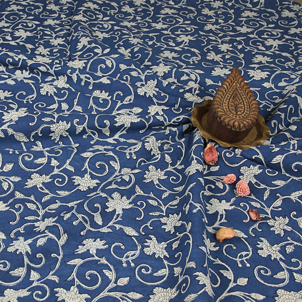 Dabu Indigo Floral Jaal Hand Block Printed Cotton Fabric