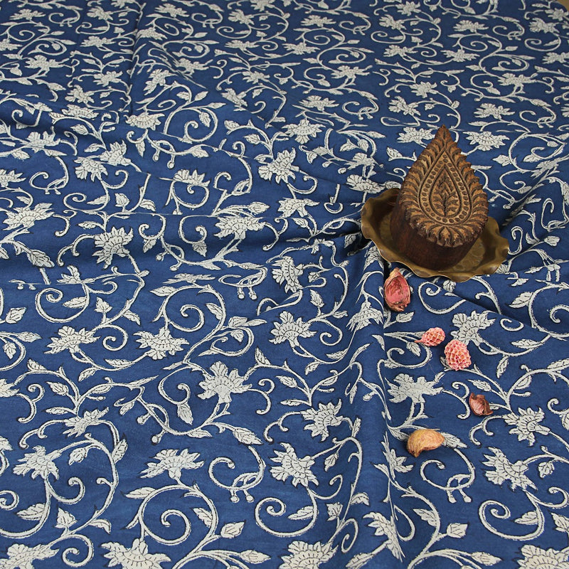 Dabu Indigo Floral Jaal Hand Block Printed Cotton Fabric