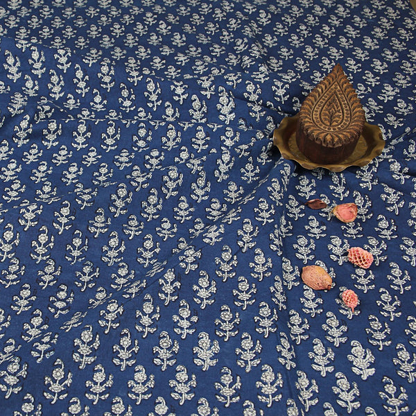 Dabu Indigo Floral Hand Block Printed Cotton Fabric