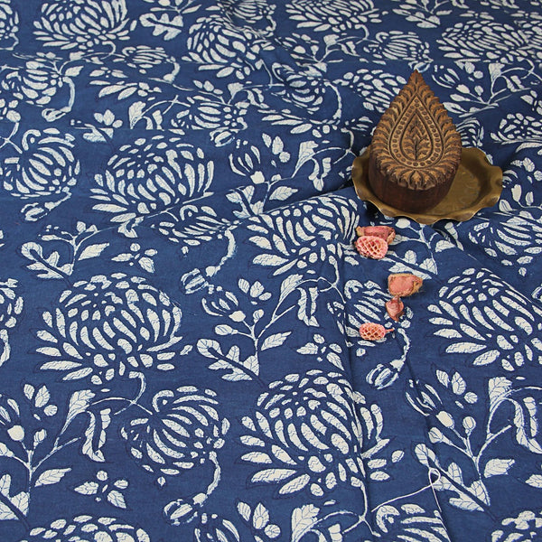 Dabu Indigo Big Floral Jaal Hand Block Printed Cotton Fabric