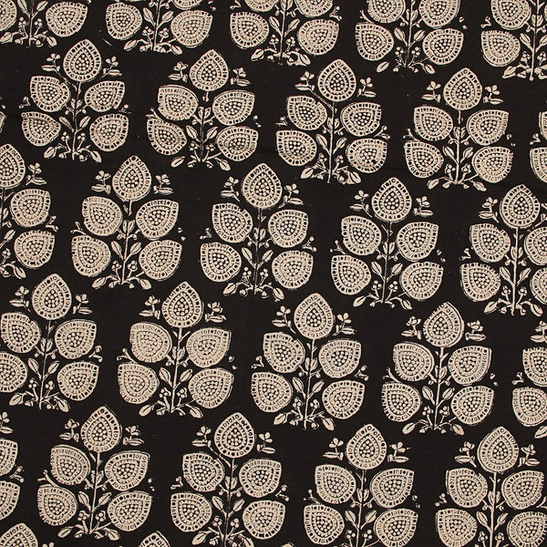 Black Leaf Butta Bagru Hand Block Printed Slub Cotton Fabric