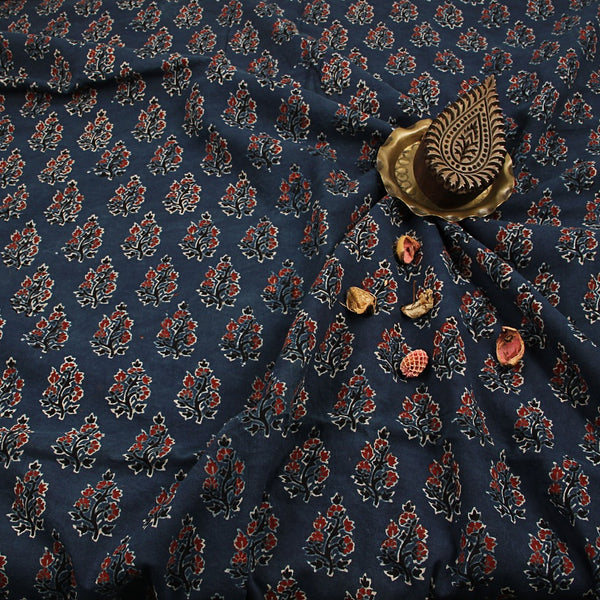 Indigo Shrub Ajrakh Hand Block Printed Cotton Fabric