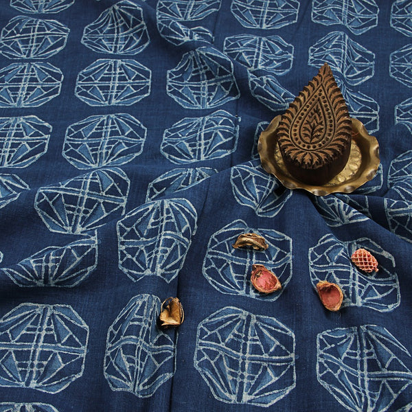 Indigo Geometric Pattern Dabu Hand Block Printed Slub Cotton Fabric