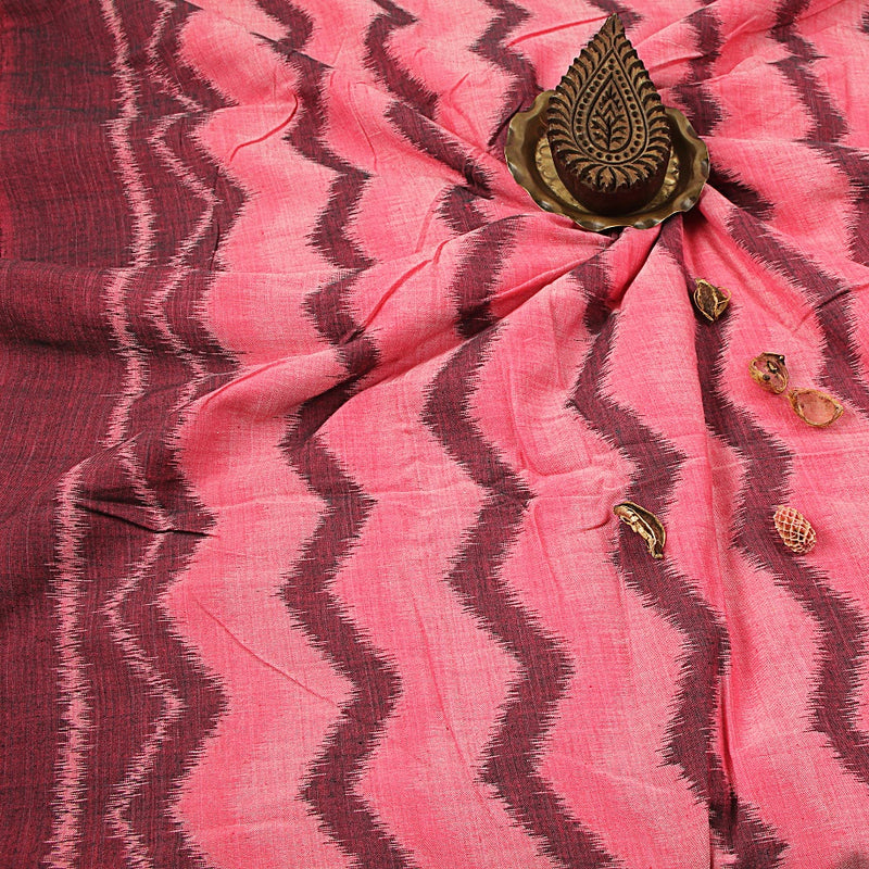 Pink Zigzag Pattern Ikkat Handwoven Cotton Fabric