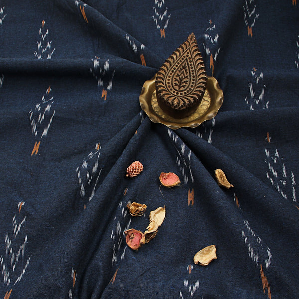 Blue Orange Tree Ikkat Handwoven Cotton Fabric