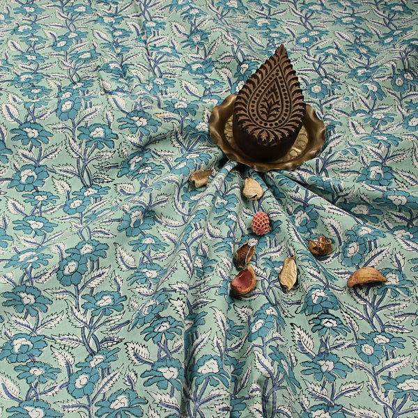 Blue Floral Vale Sanganeri Hand Block Printed Cotton Fabric