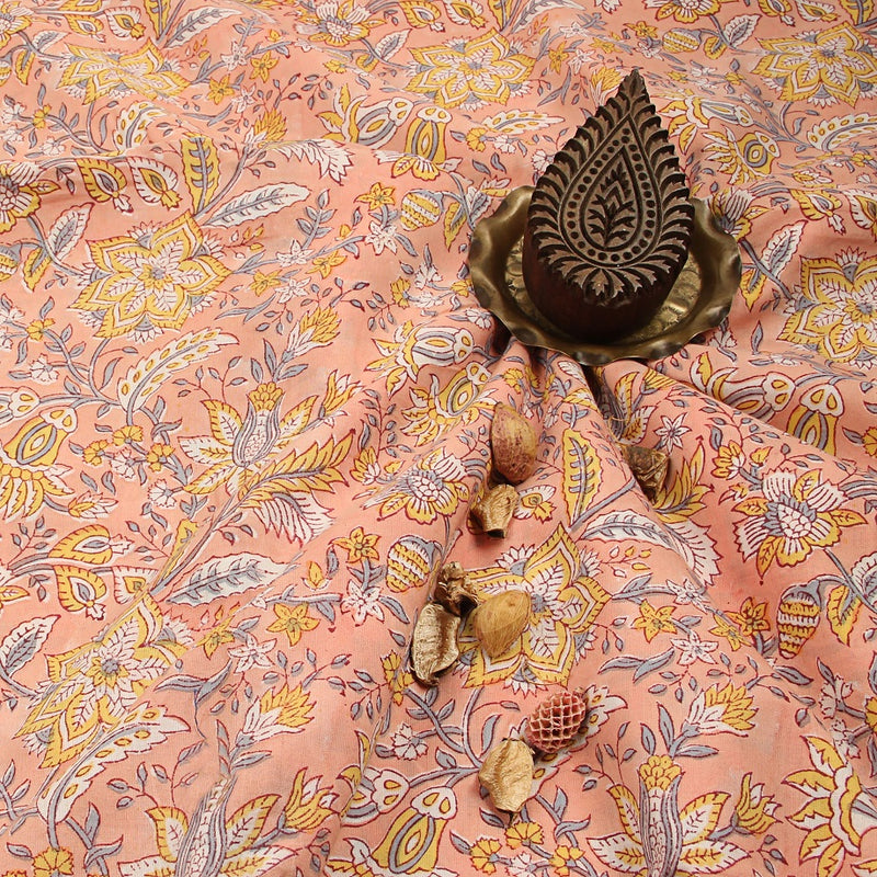 Pink Tropical Floral Jaal Sanganeri Hand Block Printed Cotton Fabric