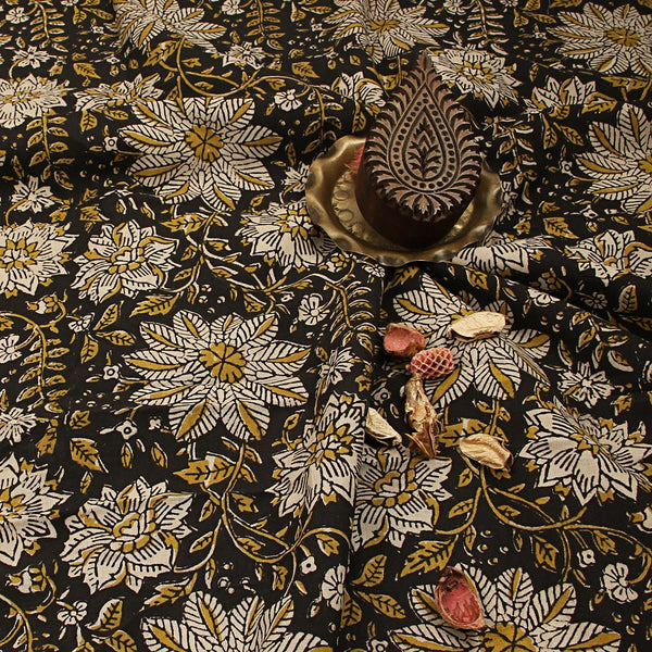 Black Floral Bagru Hand Block Printed Cotton Fabric