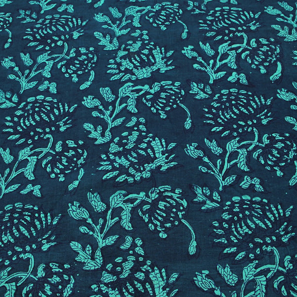 Teal Floral Jaal Dabu Hand Block Printed Cotton Fabric