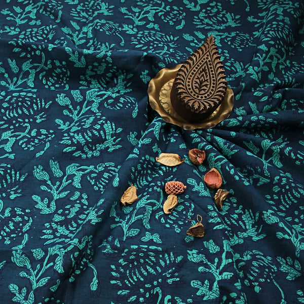 Teal Floral Jaal Dabu Hand Block Printed Cotton Fabric