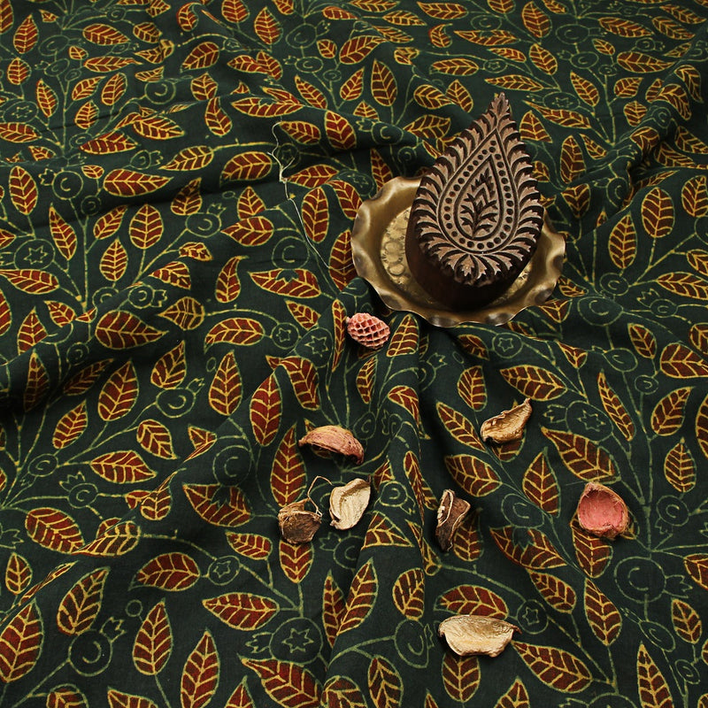 Green Leaf Ajrakh Mul Cotton Natural Dyed Fabric