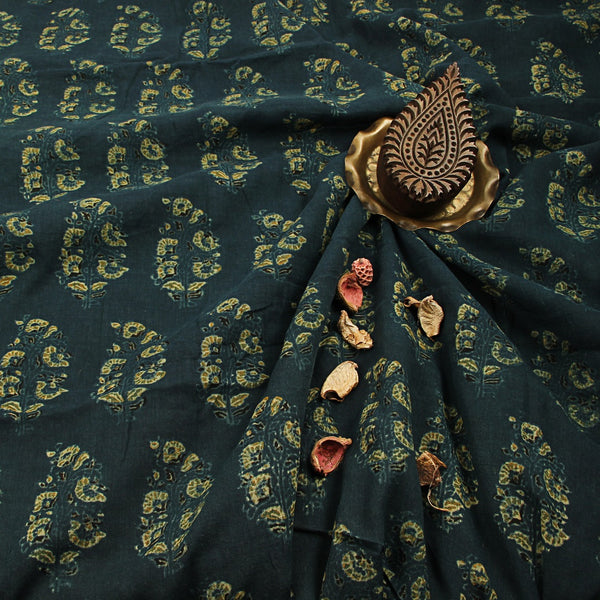 Green Floral Bunch Ajrakh Mul Cotton Natural Dyed Fabric