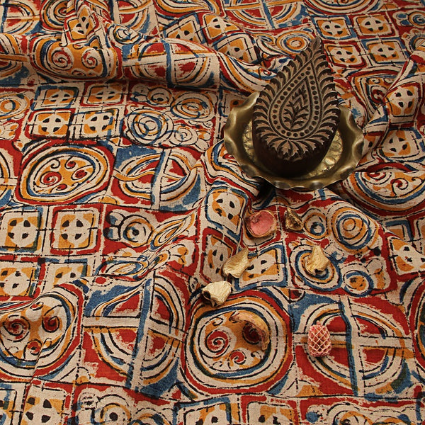 Red Circular Geometrical Kalamkari Hand Block Printed Cotton Fabric