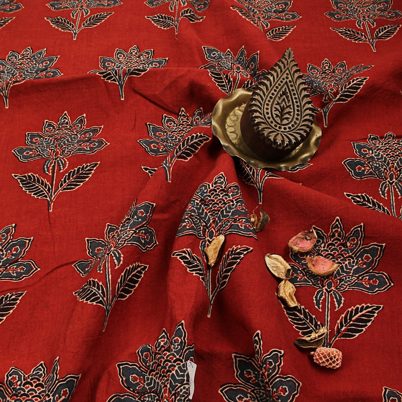 Madder Floral Ajrakh Hand Block Printed Cotton Fabric