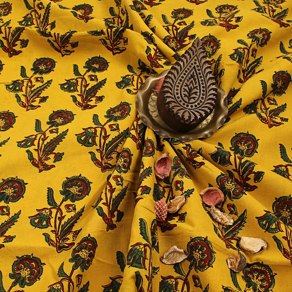 Yellow Pansy Floral Ajrakh Hand Block Printed Cotton Fabric