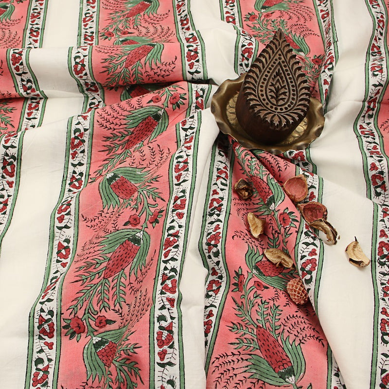 Pink Border Corn Bhutta Sanganeri Hand Block Printed Cotton Fabric