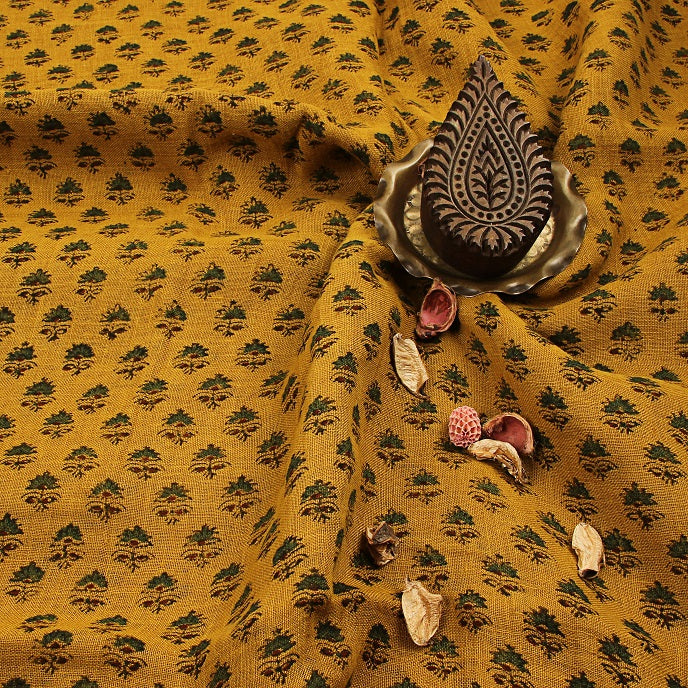 Yellow Small Taaj Butti Ajrakh Hand Block Printed Linen Fabric