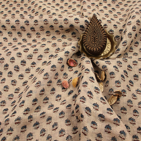White Indigo Small Taaj Butti Ajrakh Hand Block Printed Linen Fabric