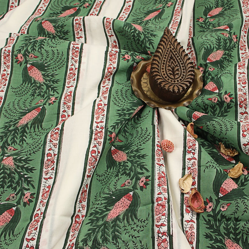 Pink Corn Bhutta Border Sanganeri Hand Block Printed Cotton Fabric