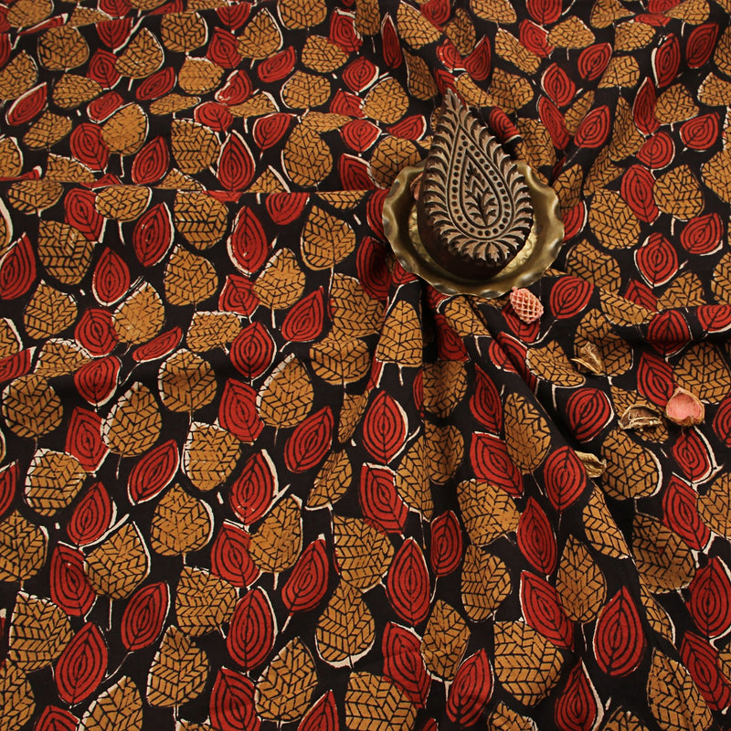Black Red Leaf Kalamkari Hand Block Printed Cotton Fabric