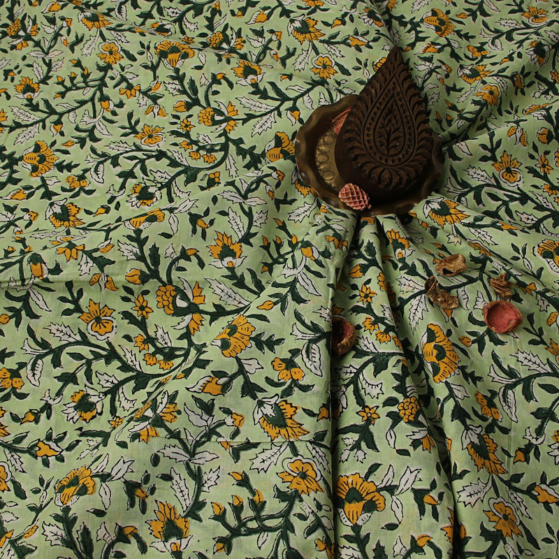 Yellow Floral Jaal Sanganeri Hand Block Printed Cotton Fabric