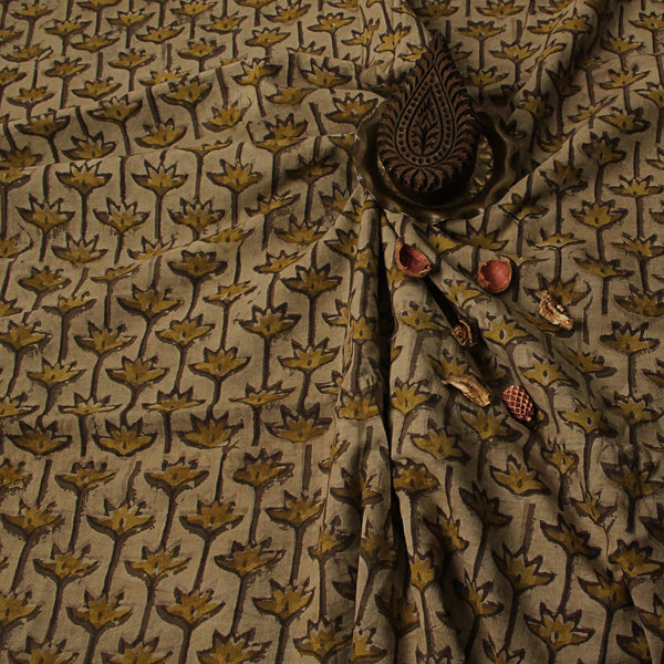 Yellow Floral Ajrakh Dabu Hand Block Printed Cotton Fabric