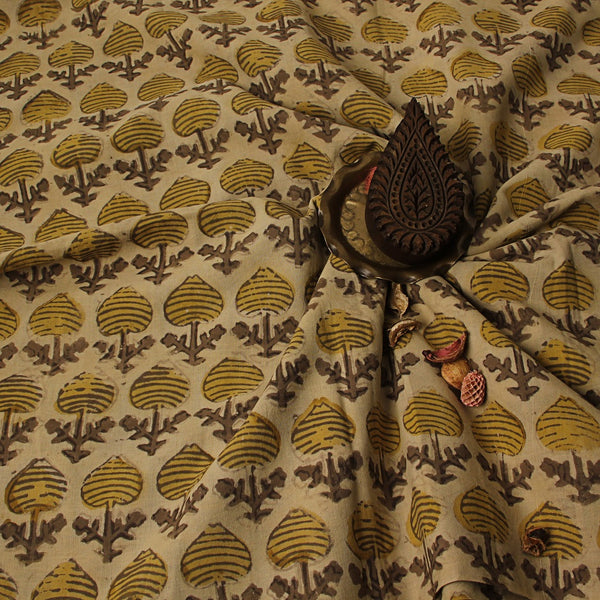 Mogra Yellow Floral Ajrakh Dabu Hand Block Printed Cotton Fabric