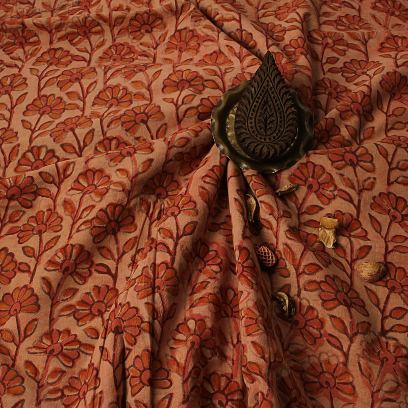 Rust Orange Cosmos Floral Ajrakh Hand Block Printed Cotton Fabric