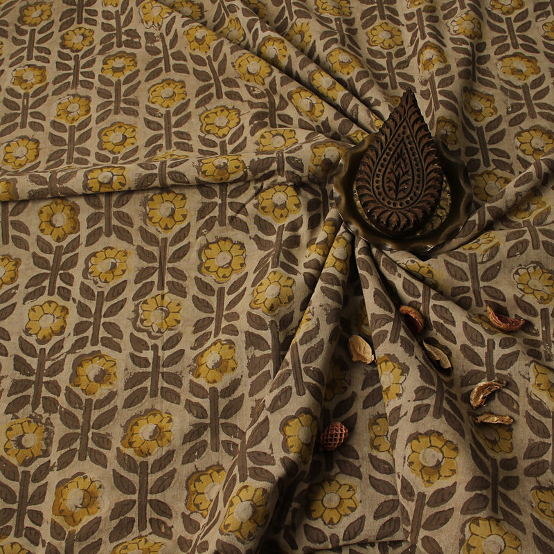 Yellow Floral Vale Ajrakh Dabu Hand Block Printed Cotton Fabric