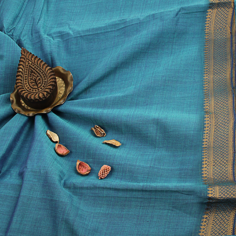 Mangalgiri Teal Dhoop Chaon Natural Dyed Nizam Border Cotton Fabric