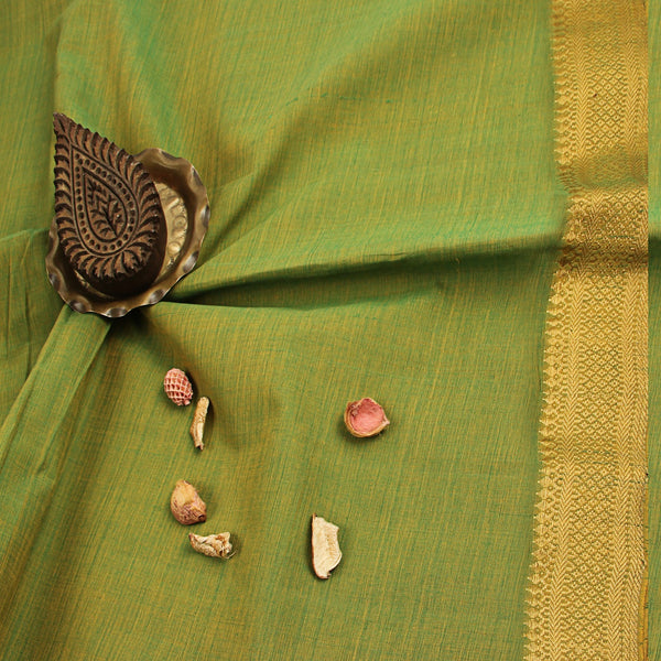 Mangalgiri Green Dhoop Chaon Natural Dyed Nizam Border Cotton Fabric